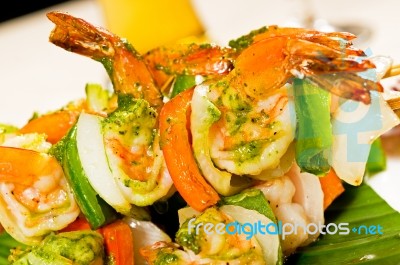 Shrimps And Vegetables Skewers Stock Photo