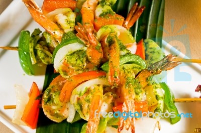 Shrimps And Vegetables Skewers Stock Photo