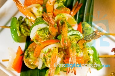 Shrimps And Vegetables Skewers Stock Photo