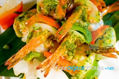 Shrimps And Vegetables Skewers Stock Photo