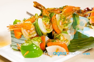 Shrimps And Vegetables Skewers Stock Photo