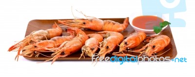 Shrimps With Mint Leaves On The Wooden Board Stock Photo