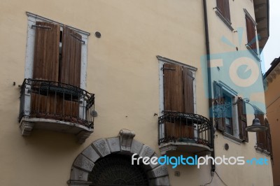 Shuttered Buildng In Arco Trentino Italy Stock Photo