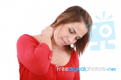 Sick Young Woman. Neck Pain Stock Photo