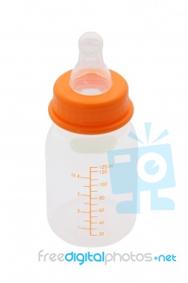 Side Baby Milk Bottle On White Background Stock Photo