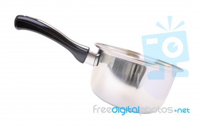 Side Black Handle Round Stainless Pot On White Background Stock Photo