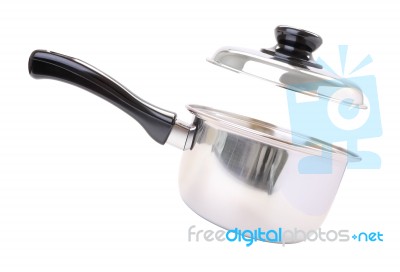 Side Black Handle Round Stainless Pot With Floating Cover On White Background Stock Photo