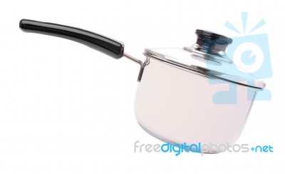 Side Glass Cover Black Handle Pot On White Background Stock Photo