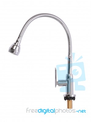 Side Of Big Head Kitchen Faucet On White Background Stock Photo