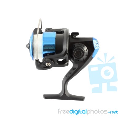 Side Of Blue Fishing Reel With Line On White Background Stock Photo