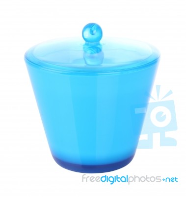 Side Of Blue Plastic Jar With Cover On White Background Stock Photo