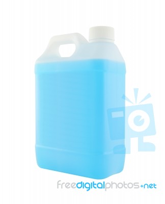 Side Plastic Gallon With Blue Liquid On White Background Stock Photo