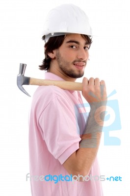 Side View Of Architect With Hammer Stock Photo