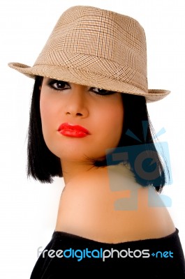 Side View Of Beautiful Female Wearing Hat Stock Photo