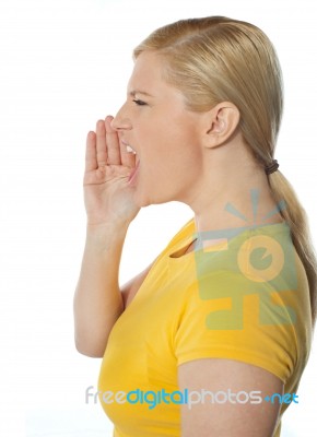 Side View Of Shouting Woman Stock Photo