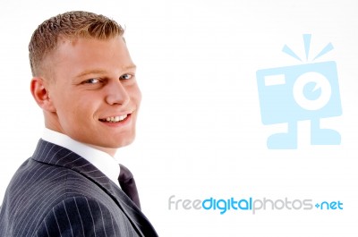 Side View Of Smiling Businessman Stock Photo