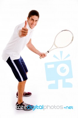 Side View Of Tennis Player With Thumbs Up Stock Photo