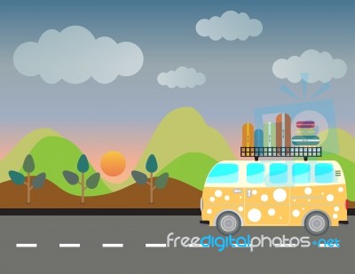 Side View Of Vintage Passenger Van Car With Mountain Background Stock Image