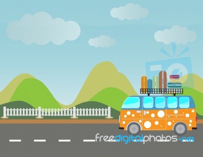 Side View Of Vintage Passenger Van Car With Mountain Background Stock Image