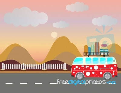 Side View Of Vintage Passenger Van Car With Mountain Background Stock Image