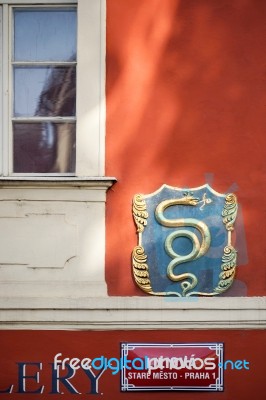 Sign Of The Golden Snake On The U Zlatého Hada Cafe In Prague Stock Photo