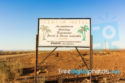 Sign On The Road For Seeheim Hotel In Namibia Stock Photo