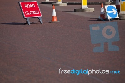 Signs Informing About Closed Road Stock Photo