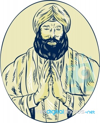 Sikh Priest Praying Front Oval Etching Stock Image