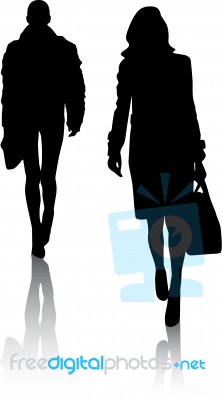 Silhouette Girls Walking With Bag Stock Image