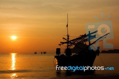 Silhouette Of Thai Fishing Boat Stock Photo