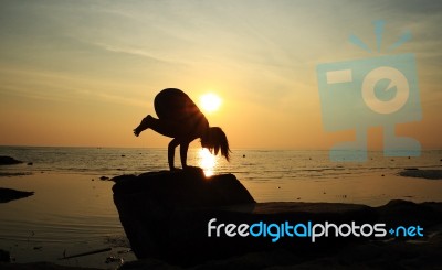 Silhouette Yoga Girl By The Beach At Sunrise Stock Photo