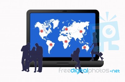 Silhouettes People With Laptop Has A Map Stock Image