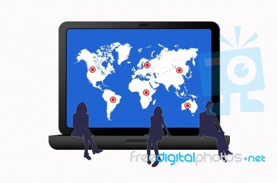 Silhouettes People With Laptop Has A Map Stock Image