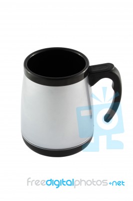 Silver And Black Plastic Cup On White Background Stock Photo