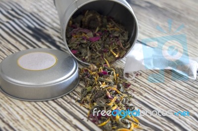 Silver Box With Tea Leaves	 Stock Photo