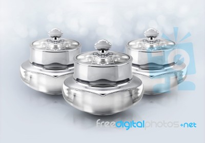 Silver Deluxe Cosmetic Jar On Glitter Background Stock Photo