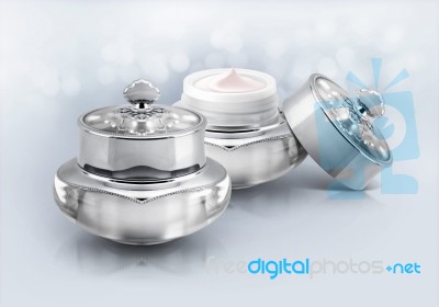 Silver Deluxe Cosmetic Jar On Glitter Background Stock Photo