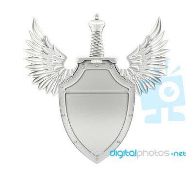 Silver Metal Shield With Wings And Sword Stock Image