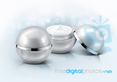 Silver Sphere Cosmetic Jar On Glitter Background Stock Photo