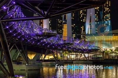 Singapore Dna Inspired Helix Bridge Illuminated At Night Stock Photo