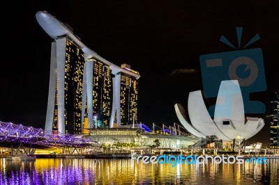 Singapore Skyline Illuminated At Night Stock Photo