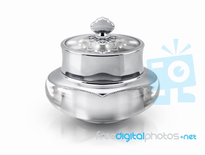 Single Silver Deluxe Cosmetic Jar On White Background Stock Photo