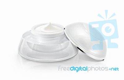 Single White Rounded Cosmetic Jar On White Background Stock Photo