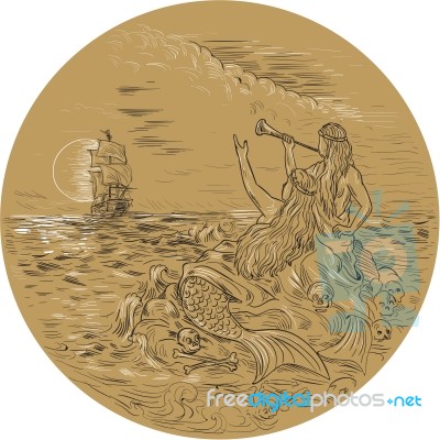 Siren On Island Waving Calling Tall Ship Circle Drawing Stock Image