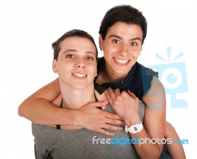 Sisters Portrait Hugging Stock Photo