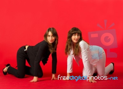 Sisters Twins In Black And White Costumes Stock Photo