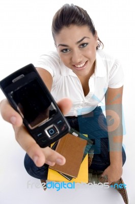 Sitting Girl Student Showing Mobile Stock Photo