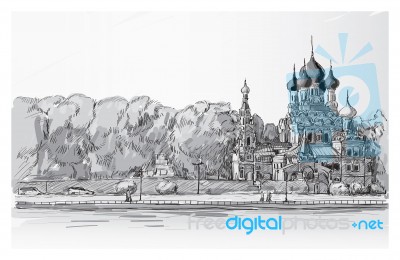 Skecth Of Cityscape In Moscow, Russia, Orthodox Church Along River With People Walk On The Way Public Space, Illustration Stock Image