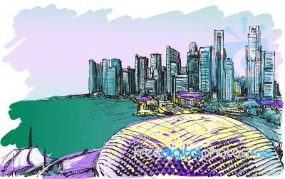 Sketch City Scape Of Singapore Skyline, Free Hand Draw Illustration Stock Image