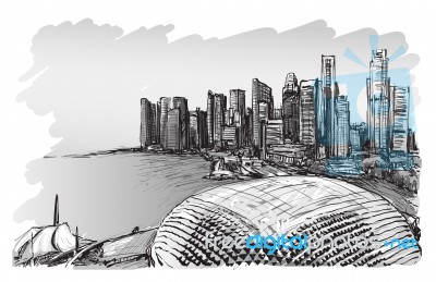 Sketch City Scape Of Singapore Skyline, Free Hand Draw Illustration Stock Image